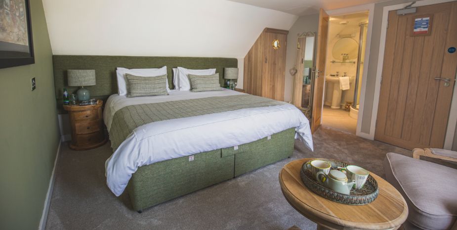 Galson Farm Guesthouse Double room with ensuite. Room features grren decor and seating area.