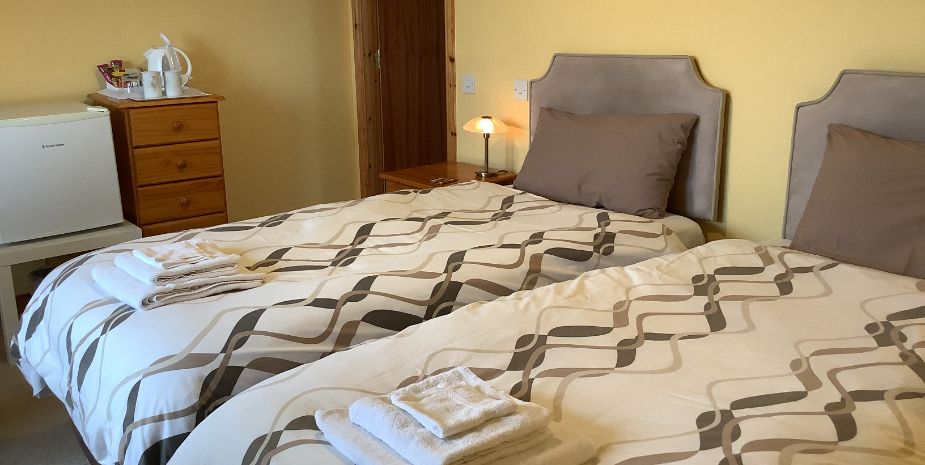 Rowan Tree in Uist, twin bedroom with beige patterned bed linen, wooden furniture and small fridge.